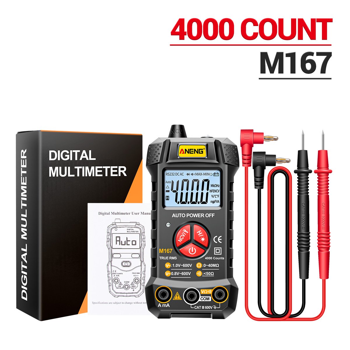 ANENG M167 Digital Mini Multimeter Tester Auto Multimetro True Rms Tranistor Meter with NCV Data Hold 4000counts Flashlight