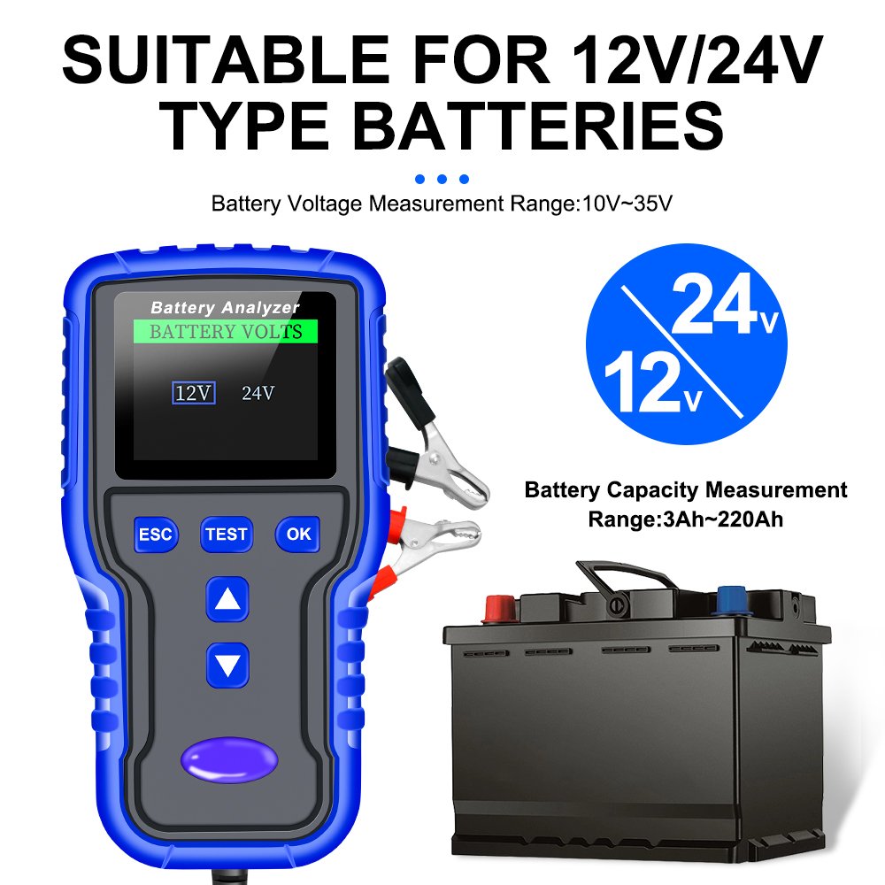 12V/24V 100~2000 CCA Battery Load Car Battery Tester Analyzer Charging Cranking System Tester for Car Truck Marine Motorcycle Bo