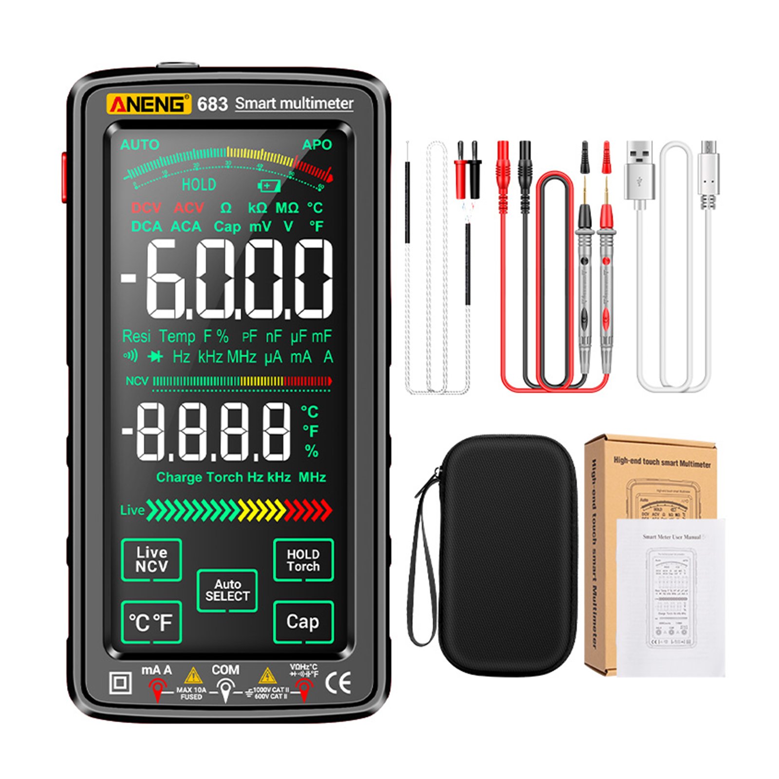 ANENG 683 6000 Counts Larget Touch Screen Digital Multimeter Anti-burn Rechargeable Meter VA Reverse Screen NCV Tester