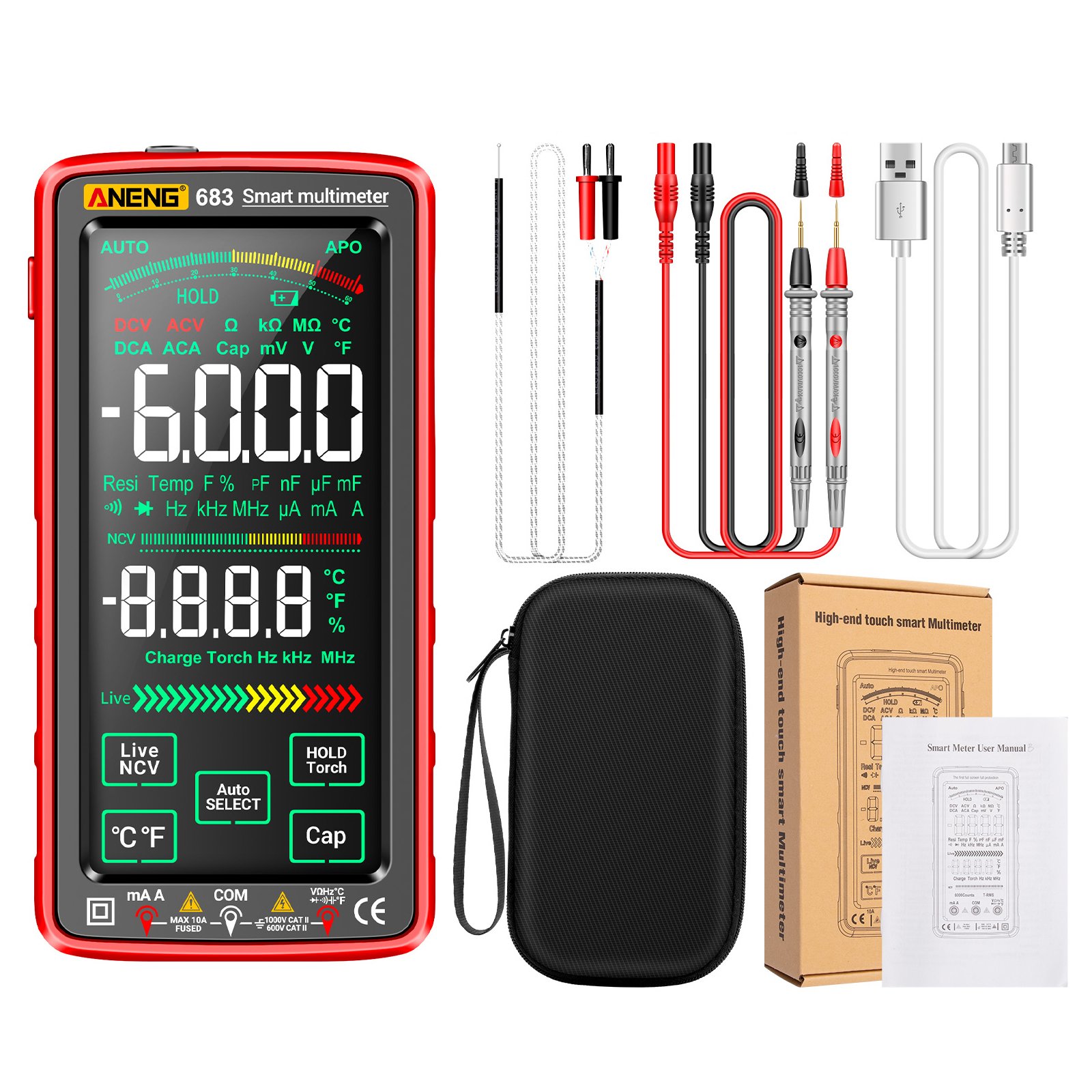 ANENG 683 6000 Counts Larget Touch Screen Digital Multimeter Anti-burn Rechargeable Meter VA Reverse Screen NCV Tester