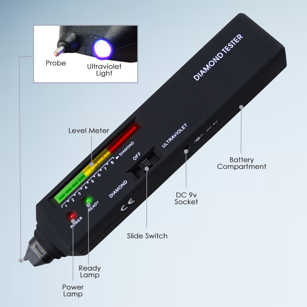 Pocket Diamond Tester UV Light Gemstone Tool Selector 2pt Stones Compact Design Audible Warning Sound Buzzer With Vinyl Pouch