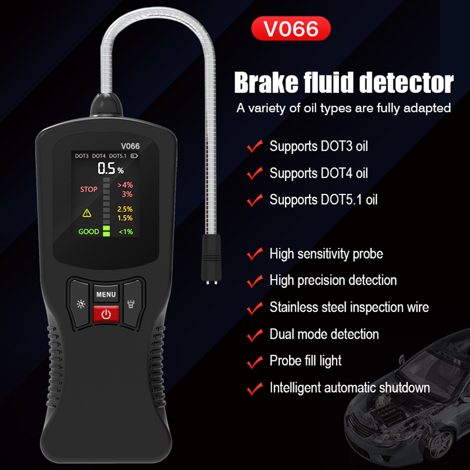 V066 High Sensitive Car Brake Fluid Oil Tester Detector Analyzer For DOT3/DOT4/DOT5.1 Brake Fluid Automotive Testing Tool