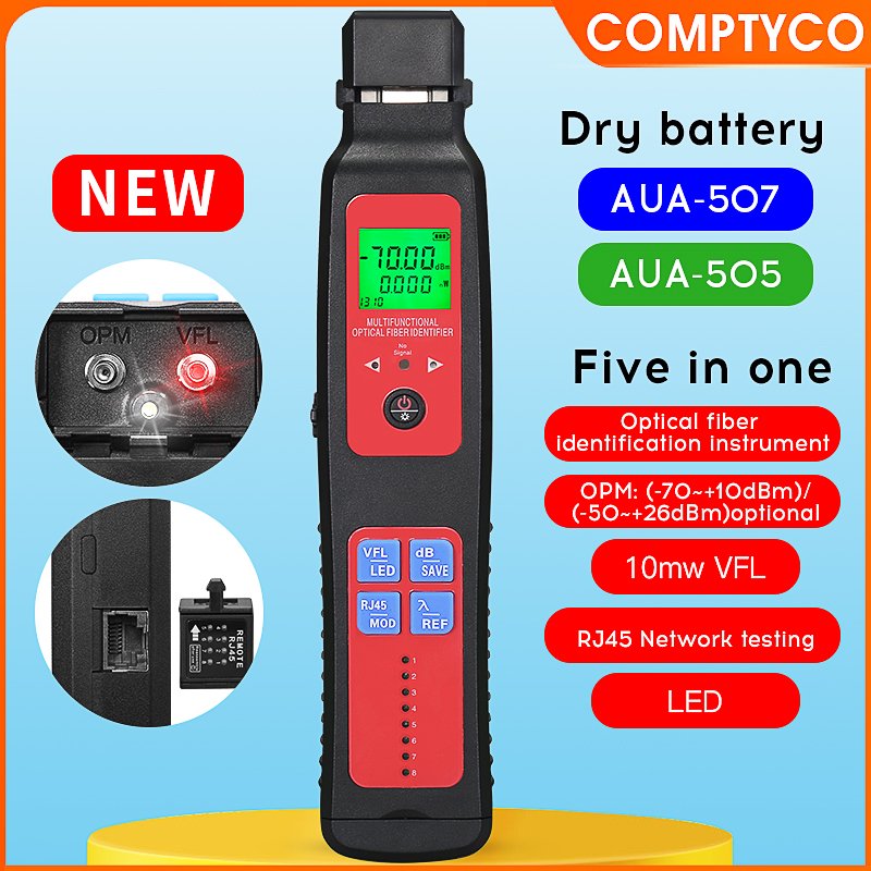COMPTYCO AUA-507/505 Dry battery OFI+OPM+10mw VFL+RJ45 network tester+LED 5 in 1 SM MM fiber cable Fiber Optic Identifier
