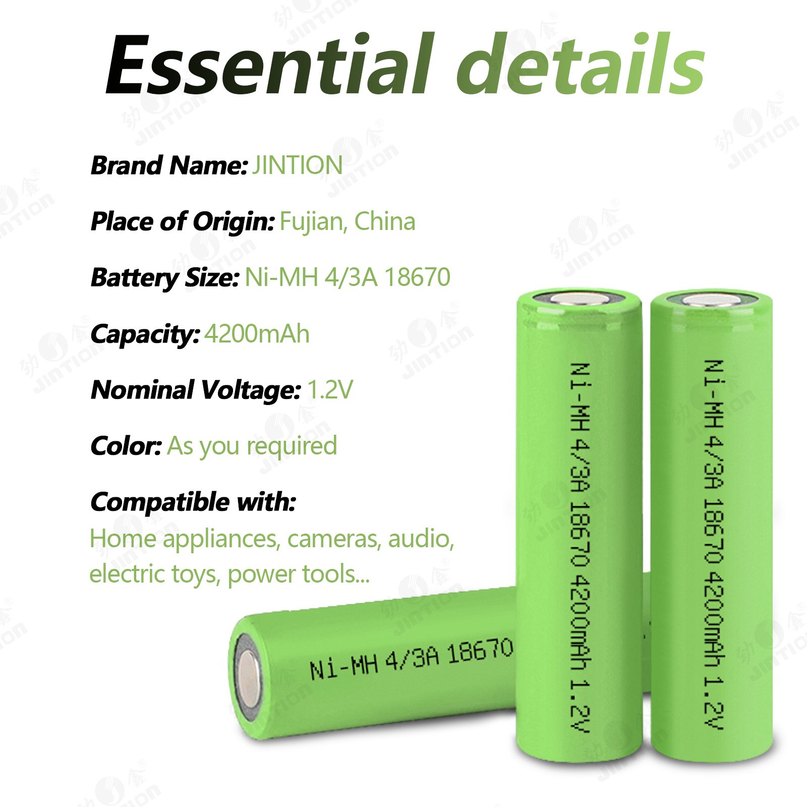 JINTION 4/3A 18670 4200MAH 1.2V Nimh Rechargeable Battery Ni-Mh 1.2V for medical equipment