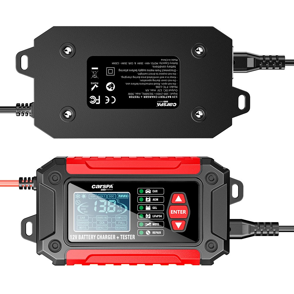 Carspa Motorcycle car battery charger battery tester pulse repair 12 volt lifepo4 lead acid battery analyzer