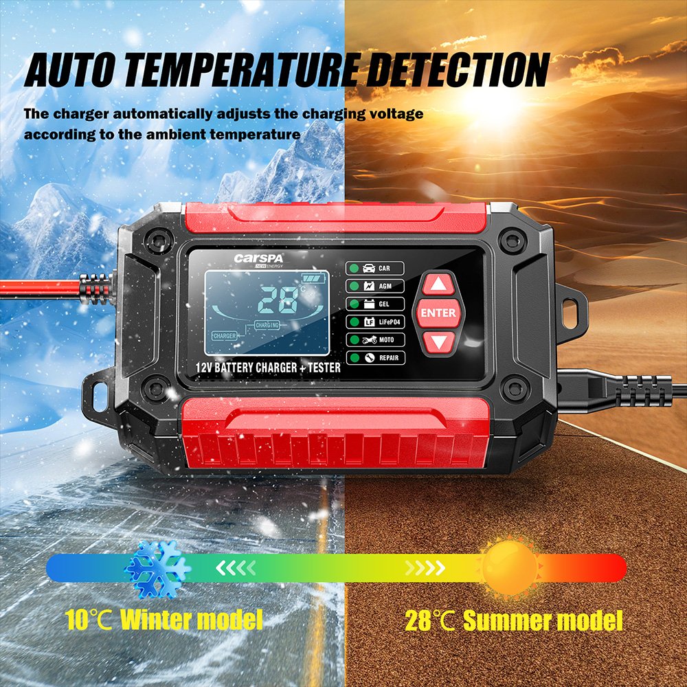 Carspa Motorcycle car battery charger battery tester pulse repair 12 volt lifepo4 lead acid battery analyzer