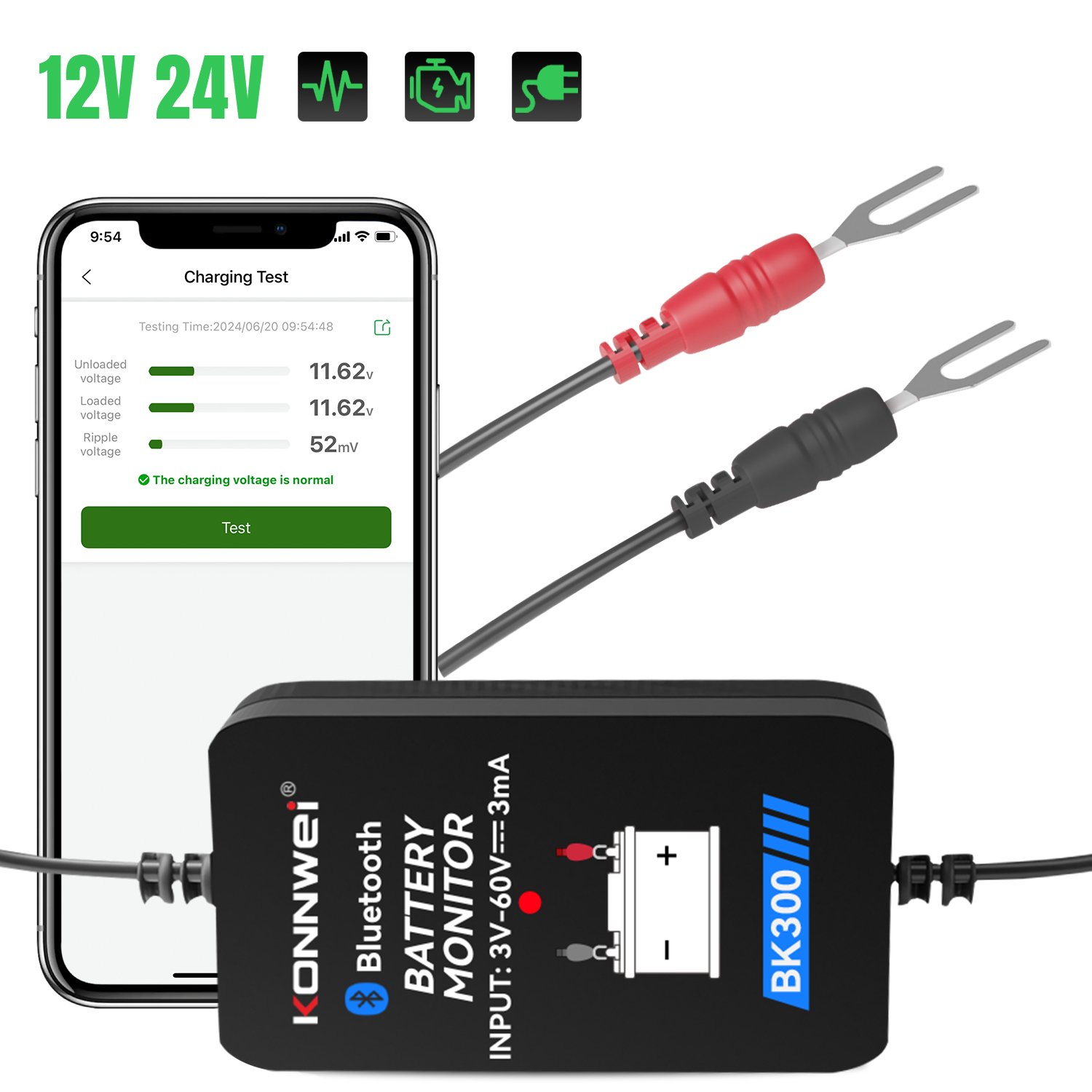 2024 KONNWEI BK300 12V 24V Bluetooth Battery Monitor with Android / iOS APP