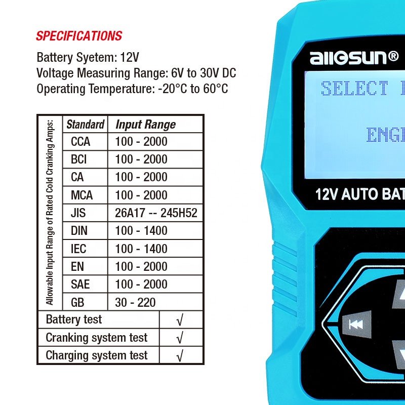 Allosun EM571 Digital Battery Analyzer 12V CCA Digital Automotive Battery Tester/Battery Load /Charging Voltage Tester