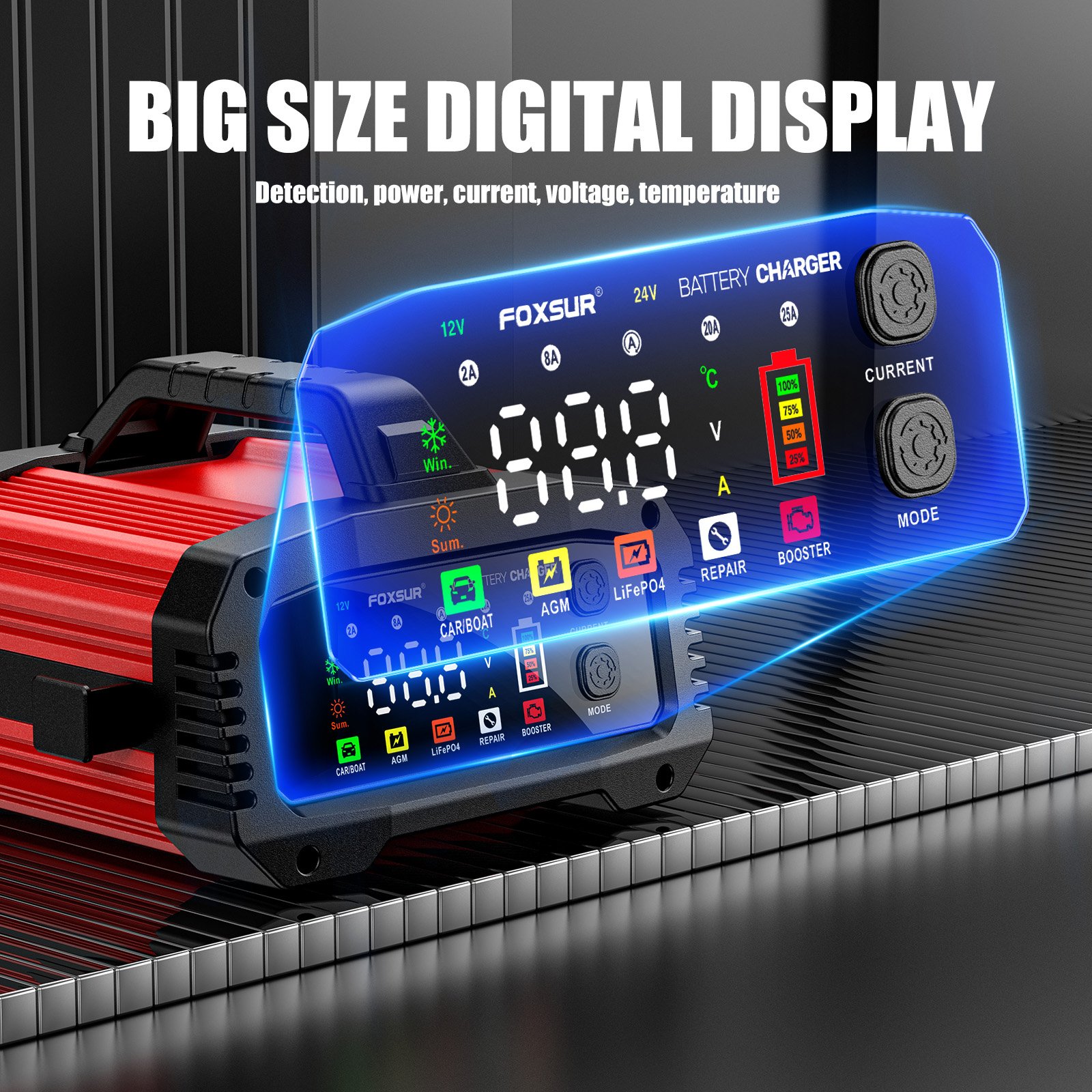 FOXSUR FPT-250 12V/25A&24V/15A Smart Car Battery Charger Automobile Battery Repair Machine Tester