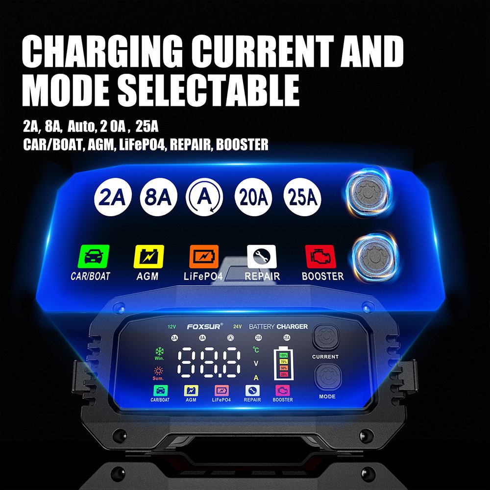 FOXSUR FPT-250 12V/25A&24V/15A Smart Car Battery Charger Automobile Battery Repair Machine Tester