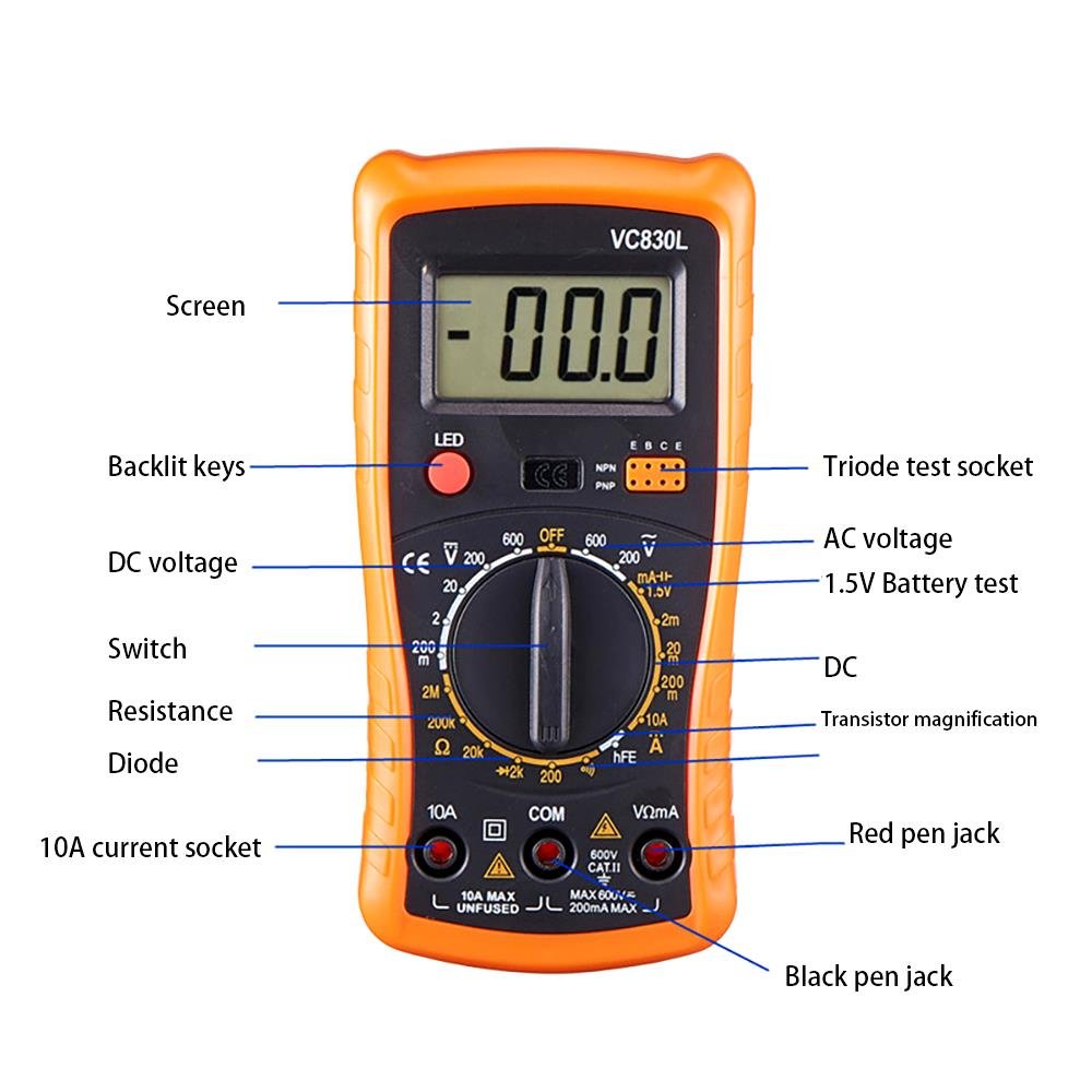 VC830L Digital Multimeter Handheld LCD Backlight Portable AC/DC Ammeter Voltmeter Ohm Voltage digital Multi Tester Multimeter