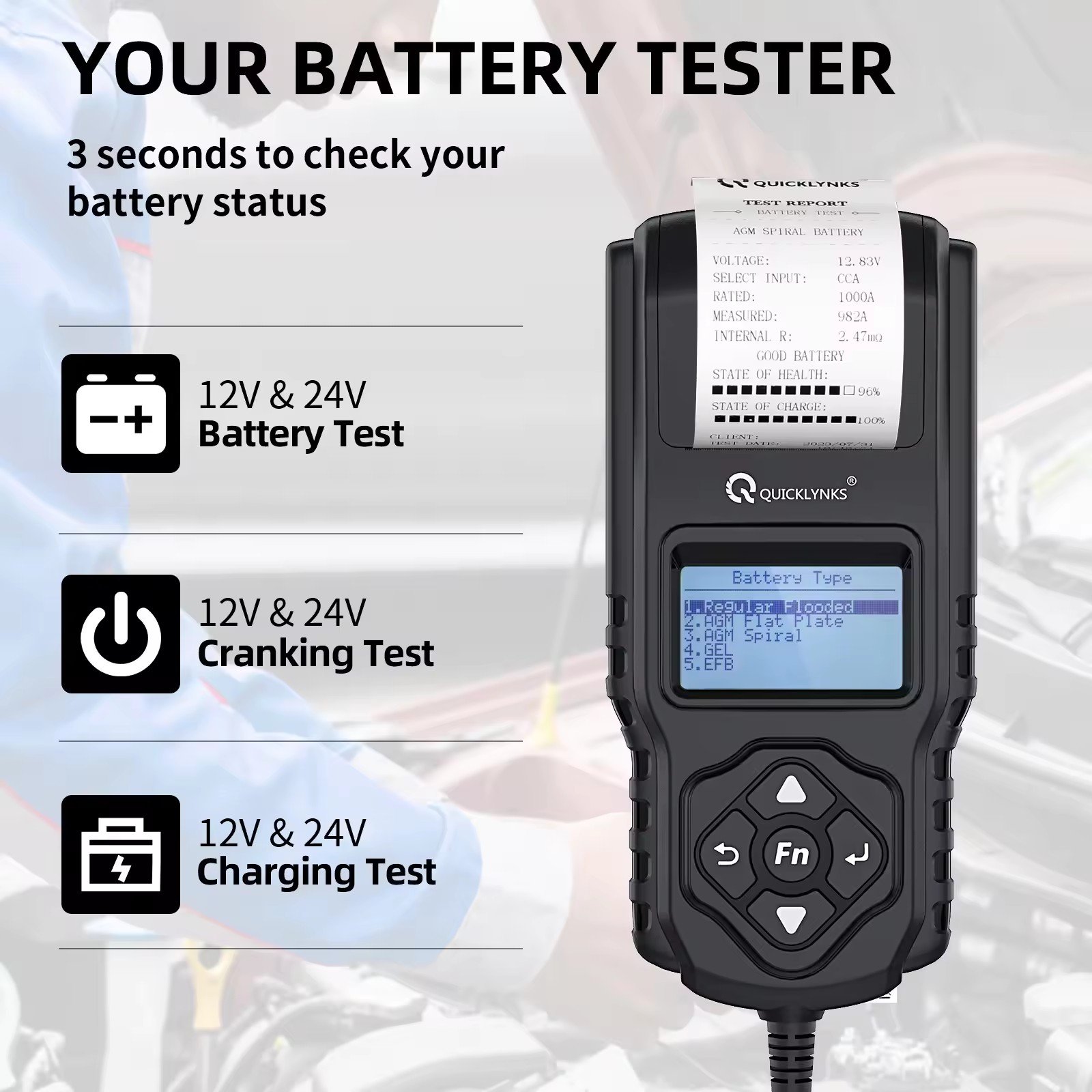 BA2000 Battery tester with printing function detects voltage internal resistance current CCA battery detection