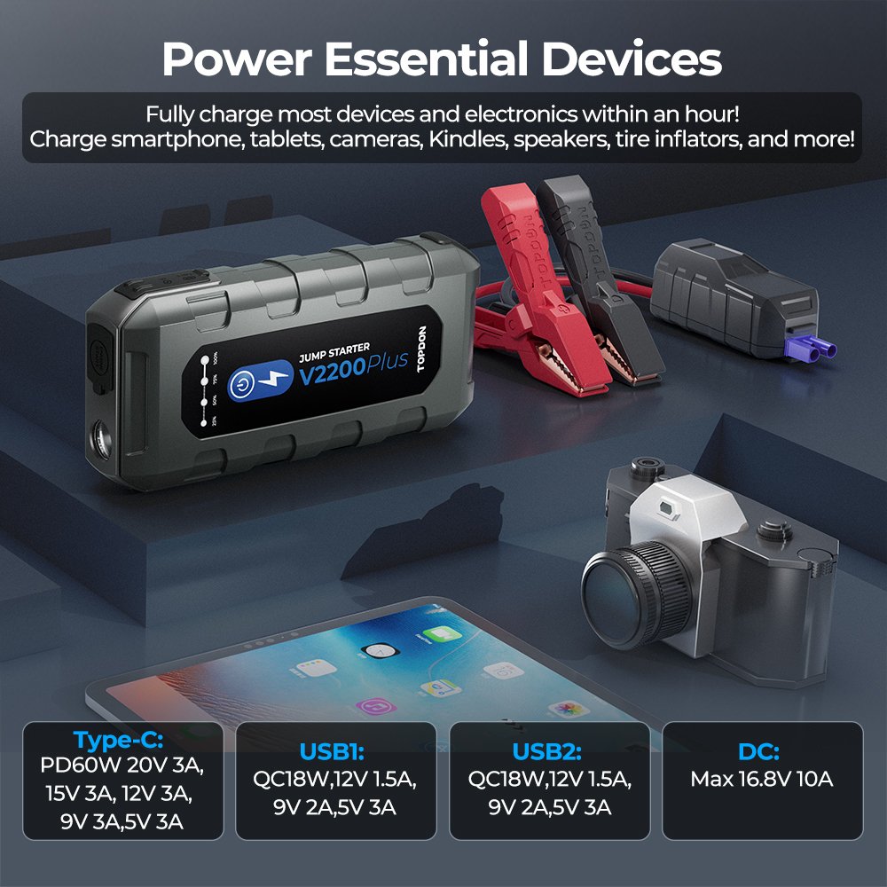TOPDON New Customized V2200Plus 2200A 12V Multi-Function Portable Car Booster Box Power Bank 2-in-1 Battery Tester Jump Starter