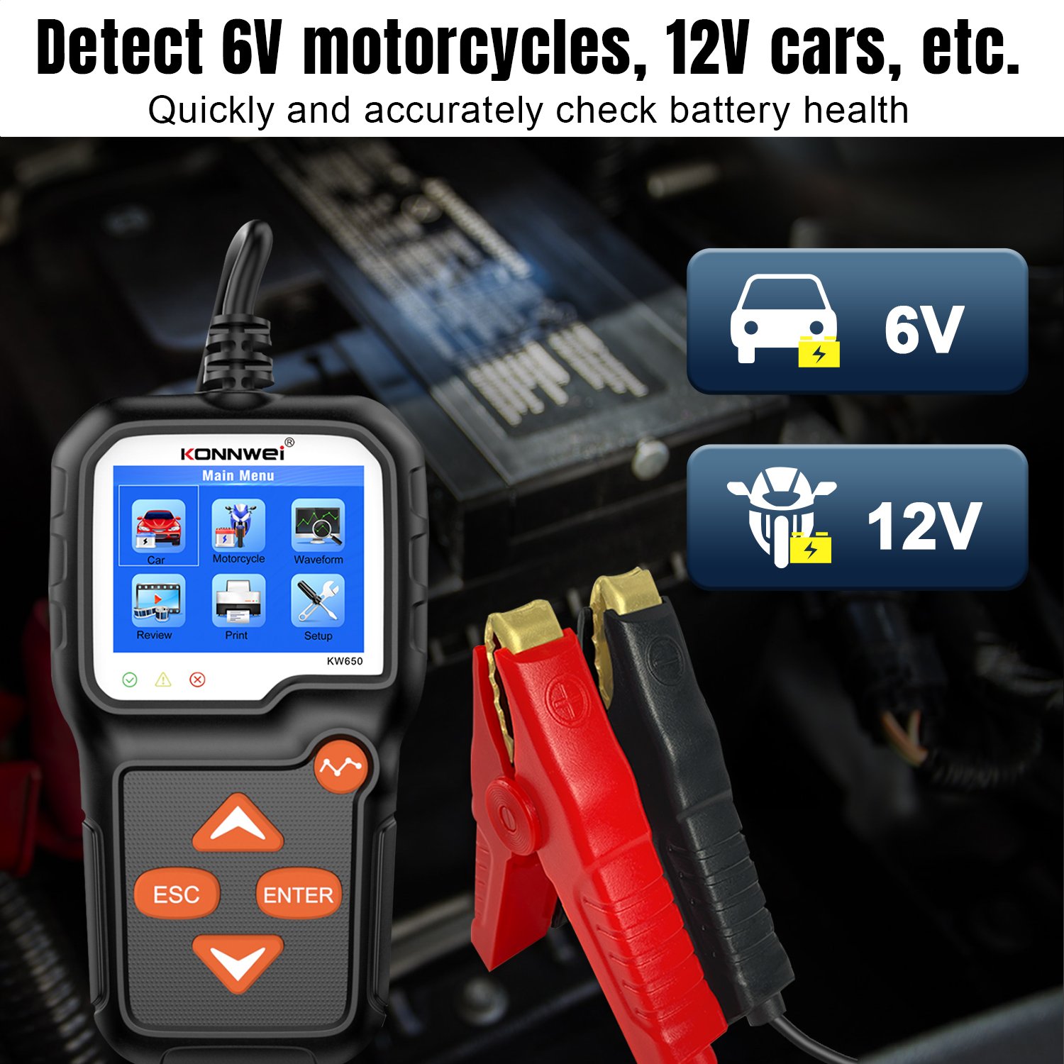 KONNWEI Car Special Tool Auto Battery Cranking Charging Performance Tester KW650 6V 12V Car Motorcycle Battery Inspection Device