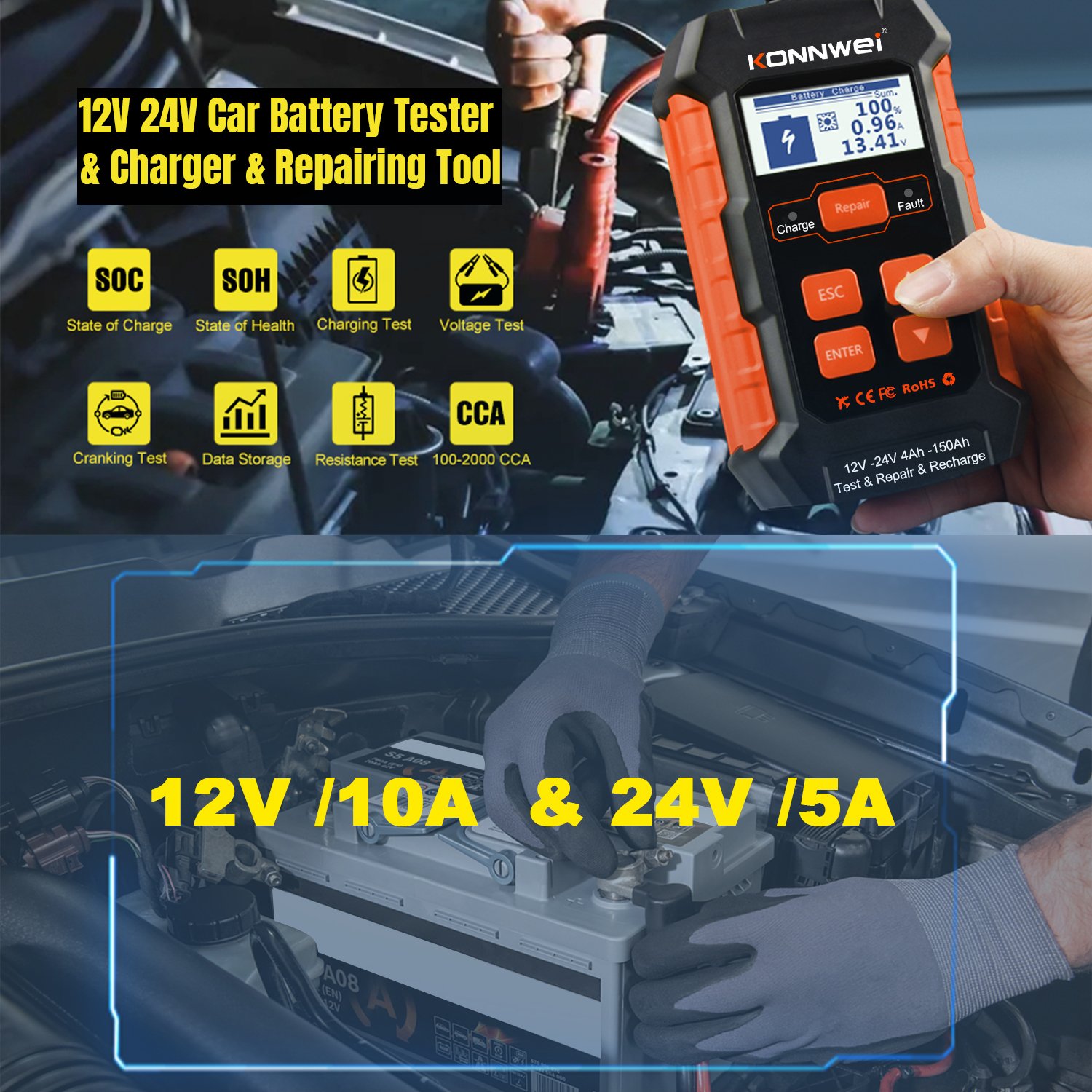 12V 24V Automotive Battery Tester 10A 5A Car Battery Charger KONNWEI KW520 Vehicle Battery CCA Charging Cranking Testing Tool