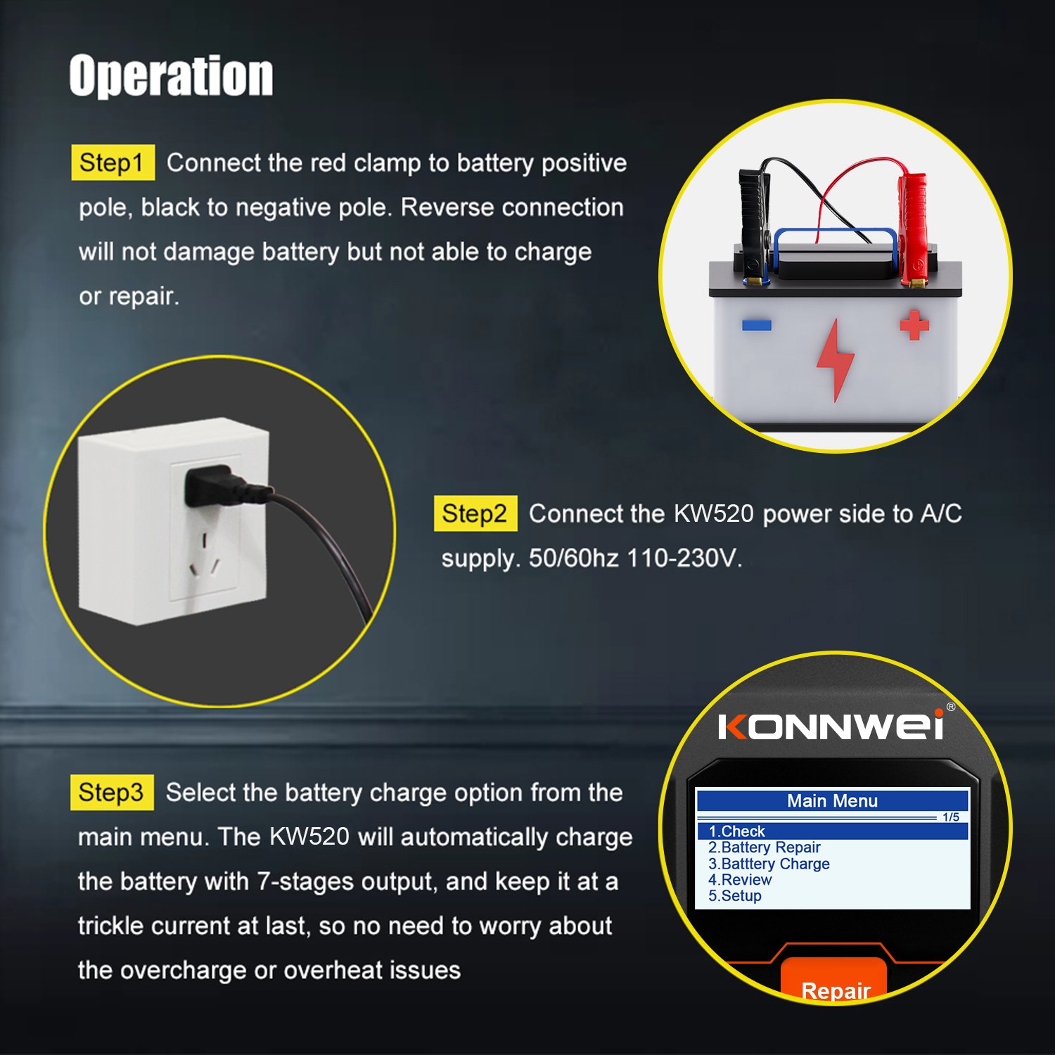 12V 24V Automotive Battery Tester 10A 5A Car Battery Charger KONNWEI KW520 Vehicle Battery CCA Charging Cranking Testing Tool