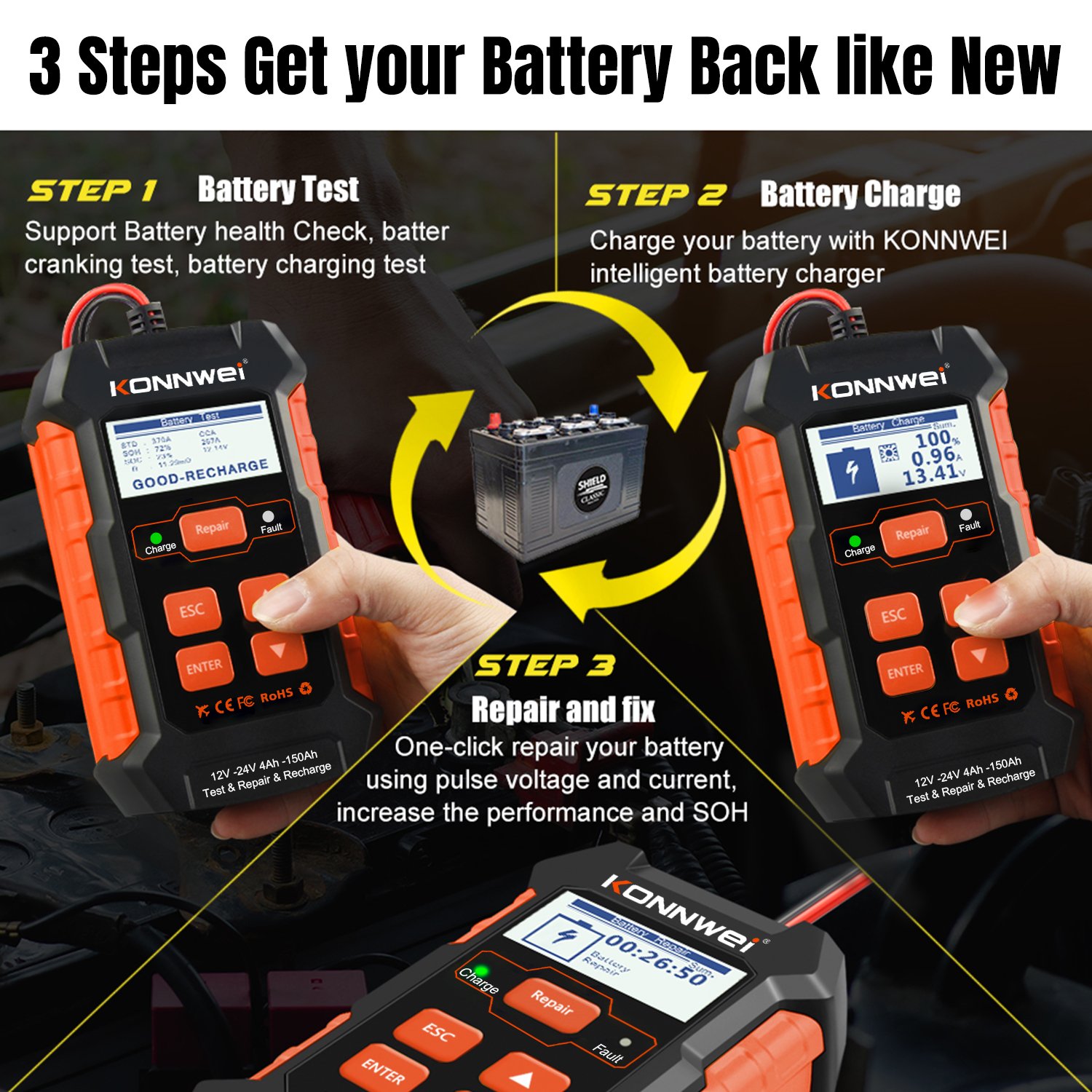12V 24V Automotive Battery Tester 10A 5A Car Battery Charger KONNWEI KW520 Vehicle Battery CCA Charging Cranking Testing Tool