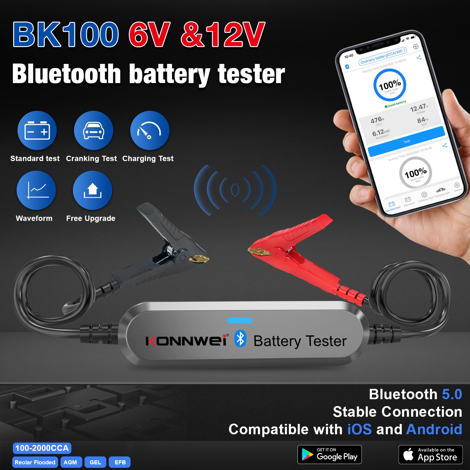 KONNWEI BK100 6V 12V Auto Battery Tester Bluetooth Car Battery Loader Tester Battery Discharge Tester