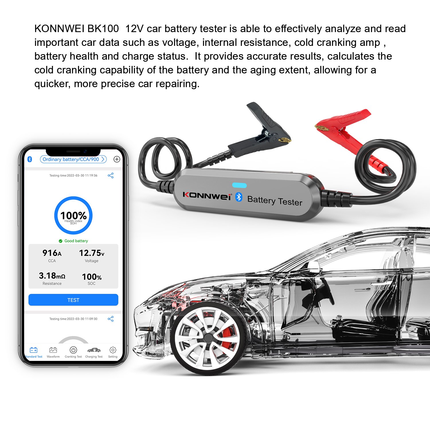 KONNWEI BK100 6V 12V Auto Battery Tester Bluetooth Car Battery Loader Tester Battery Discharge Tester