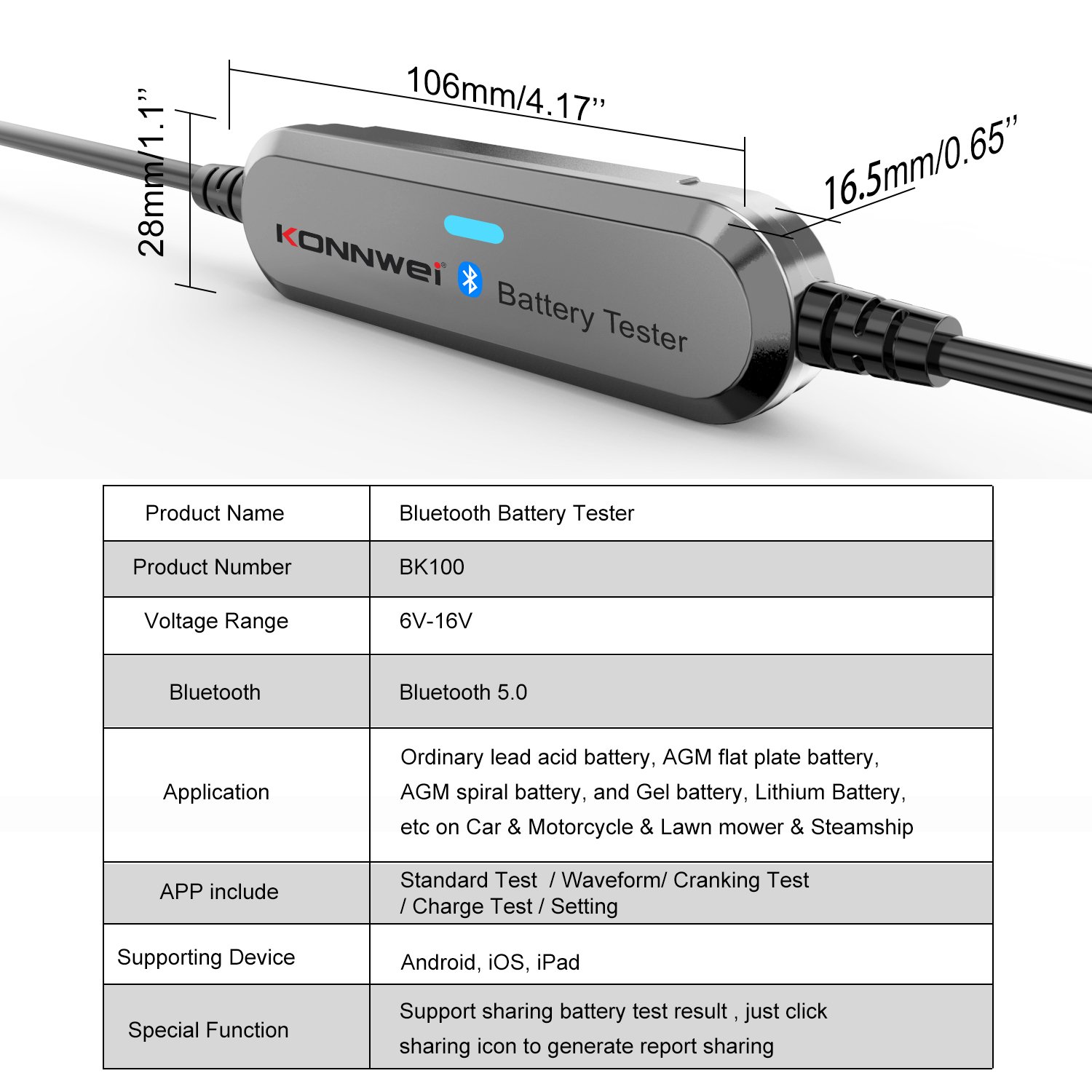 KONNWEI BK100 6V 12V Auto Battery Tester Bluetooth Car Battery Loader Tester Battery Discharge Tester