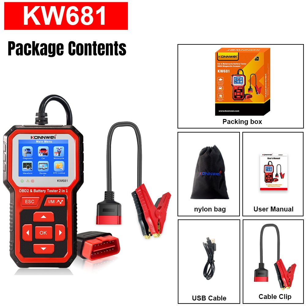 KONNWEI KW681 12V Car Trouble Scan Tool Car Battery Tester Automotive Battery Tester OBD2 Auto Fault Code Diagnostic Tool 2 in 1