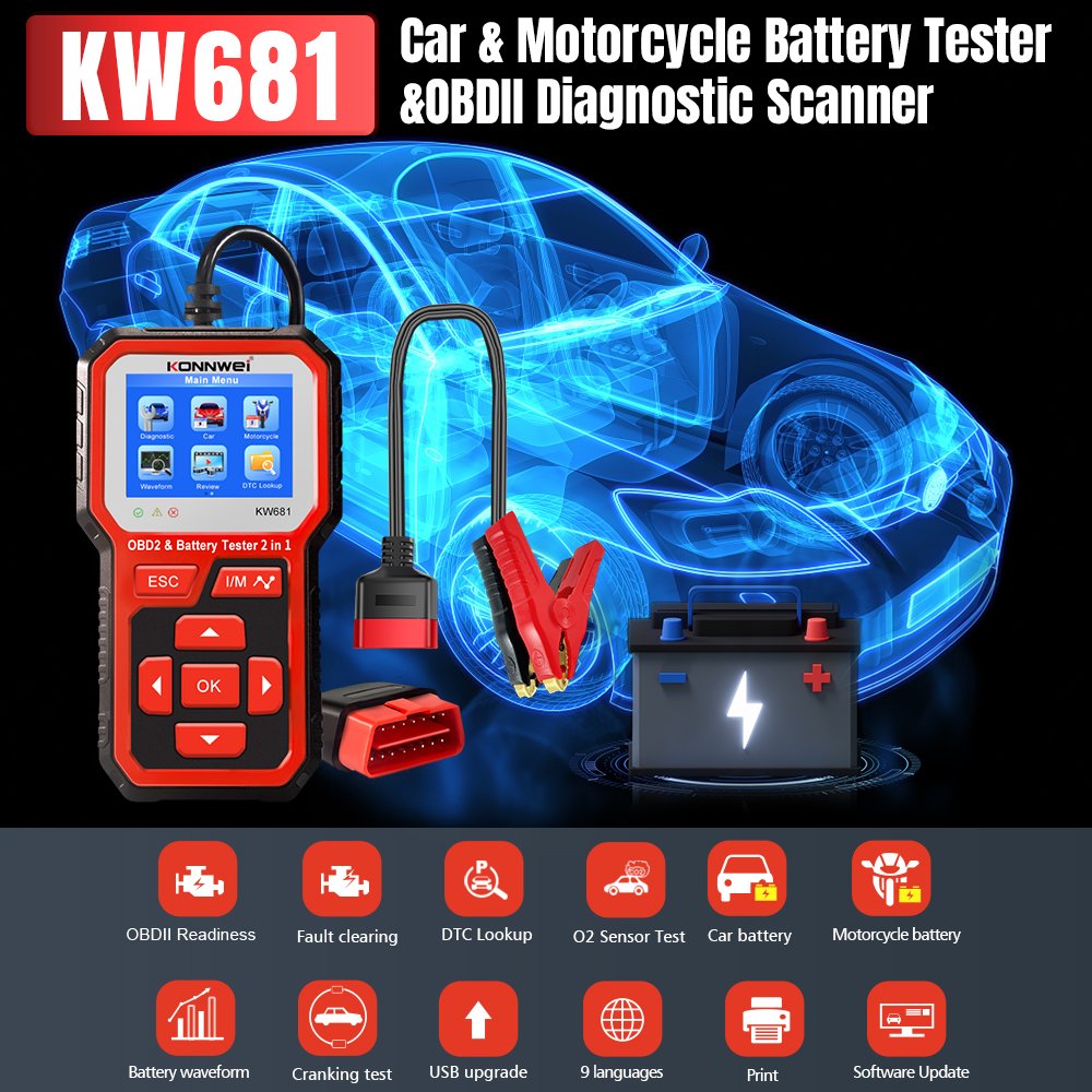 KONNWEI KW681 12V Car Trouble Scan Tool Car Battery Tester Automotive Battery Tester OBD2 Auto Fault Code Diagnostic Tool 2 in 1