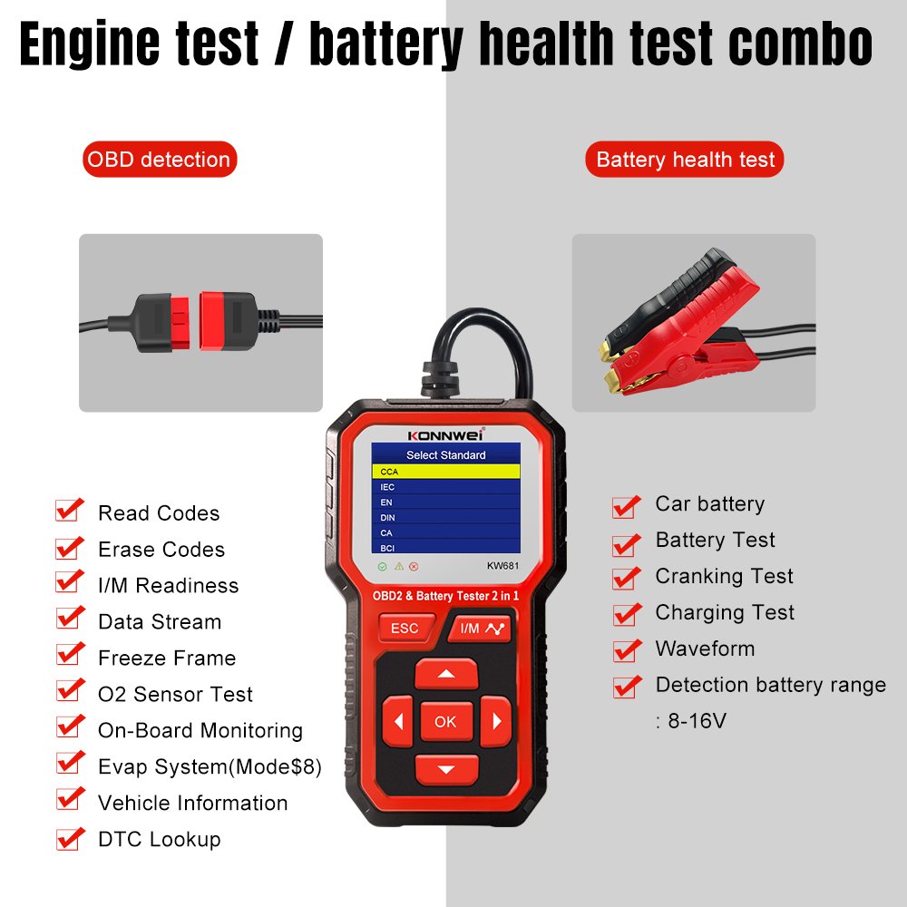 KONNWEI KW681 12V Car Trouble Scan Tool Car Battery Tester Automotive Battery Tester OBD2 Auto Fault Code Diagnostic Tool 2 in 1