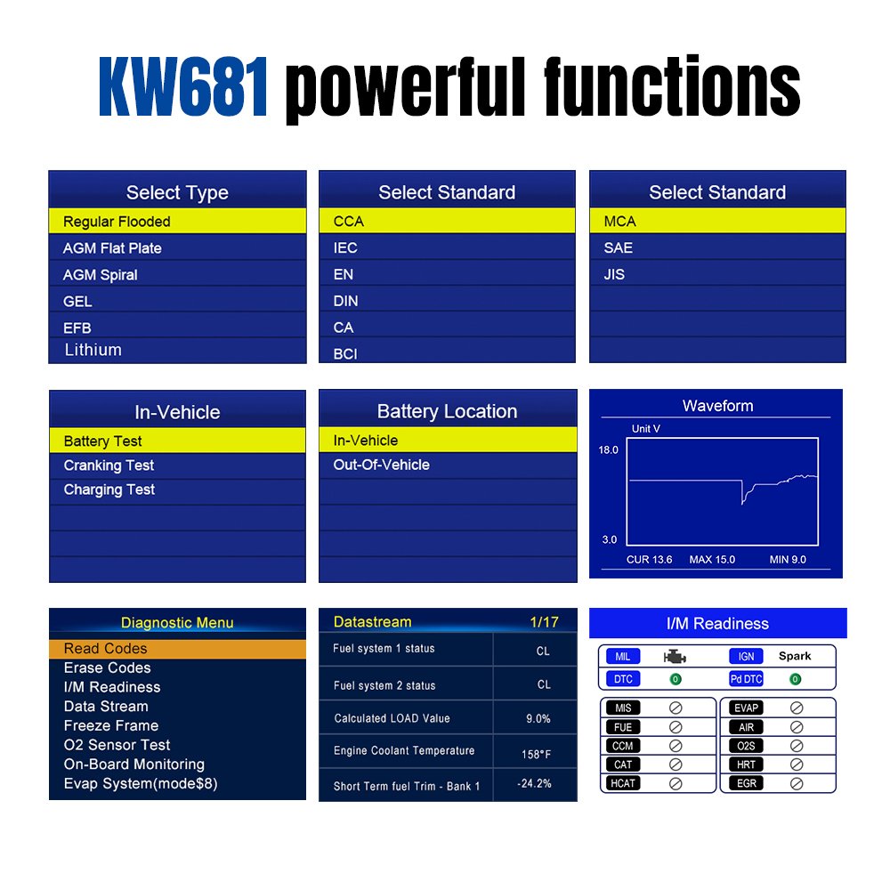 KONNWEI KW681 12V Car Trouble Scan Tool Car Battery Tester Automotive Battery Tester OBD2 Auto Fault Code Diagnostic Tool 2 in 1