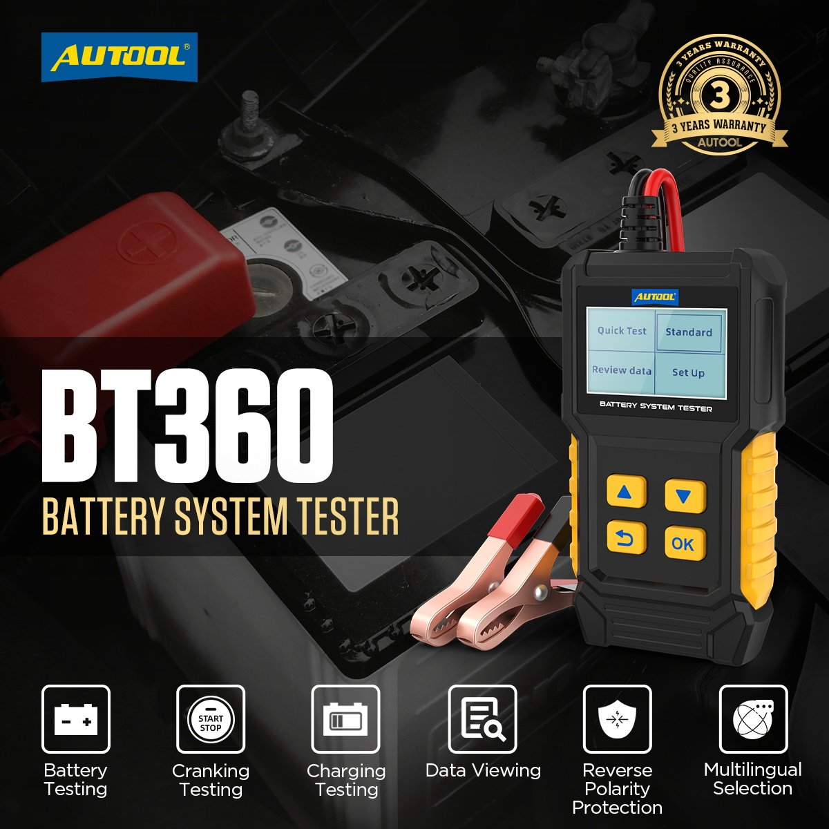 AUTOOL Auto Battery Test Measure Meter Car Battery Tester BT360 Automotive Battery System Cranking Charging Analyzer