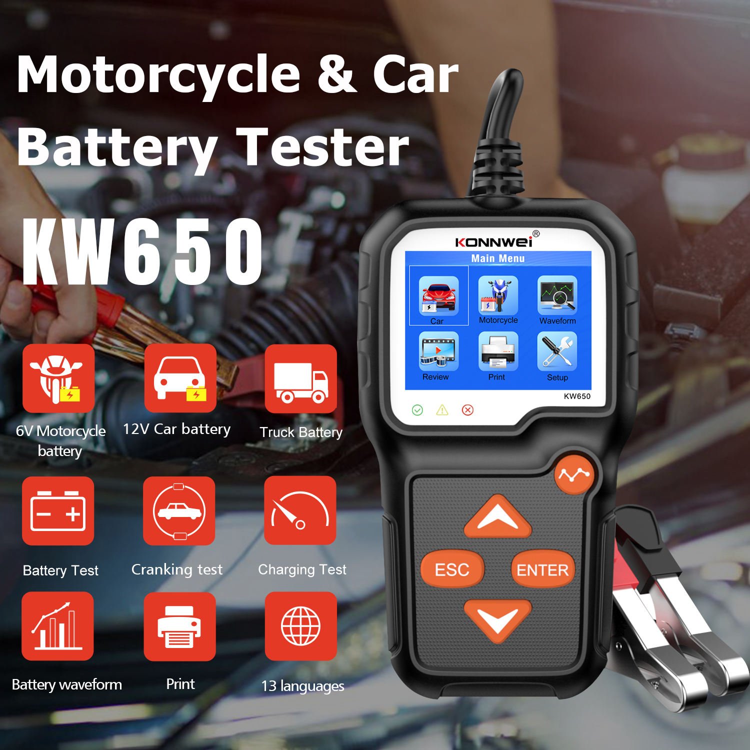 Plug and play konnwei kw650 automotive battery load tester motorcycle battery analyzer 100-2000 CCA