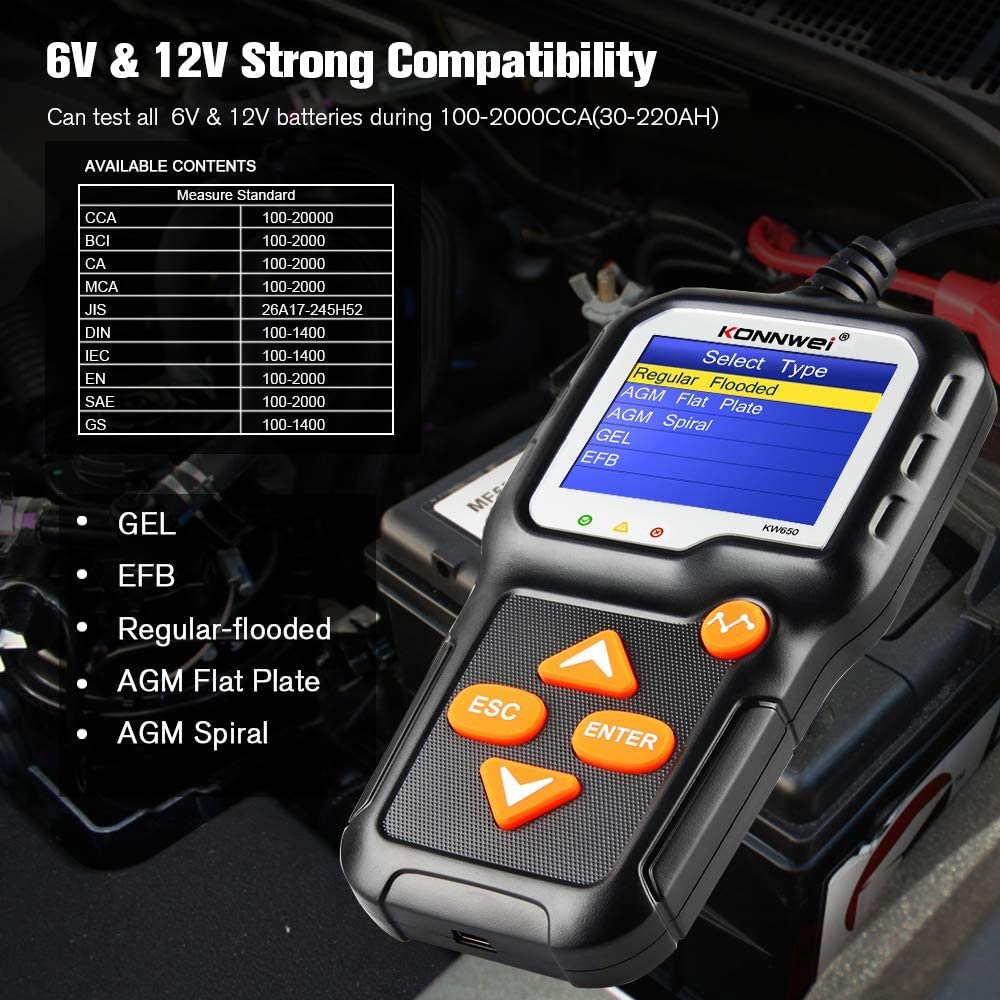 Plug and play konnwei kw650 automotive battery load tester motorcycle battery analyzer 100-2000 CCA