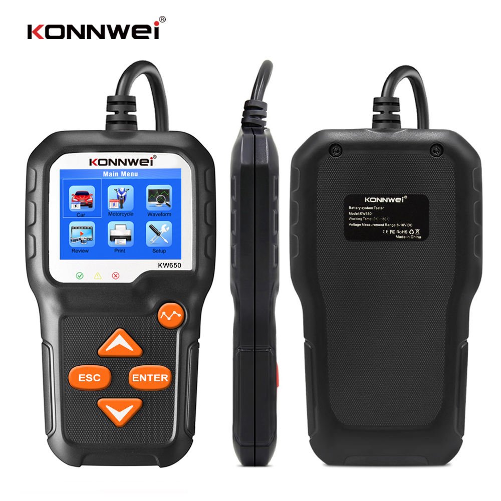 Plug and play konnwei kw650 automotive battery load tester motorcycle battery analyzer 100-2000 CCA