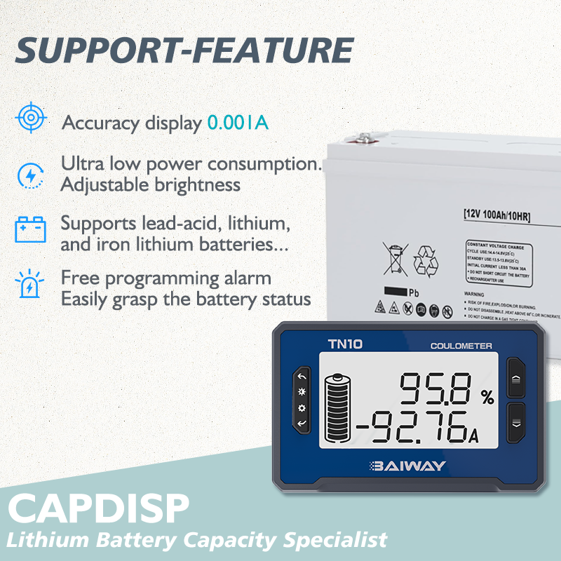 TN10 8-80V 100A Coulometer Battery Indicator Monitor Lifepo4 Acid Battery Capacity Power LCD Display Testers