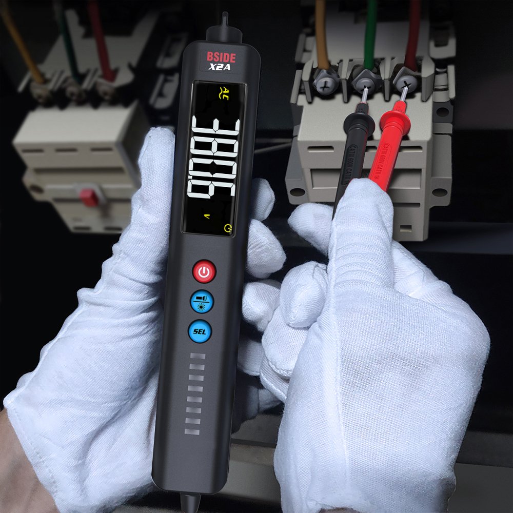 BSIDE Voltage Tester EBTN LCD Non-Contact Voltage Detector Pen with Integrated Cross Line Laser, Measure Capacitance VFC