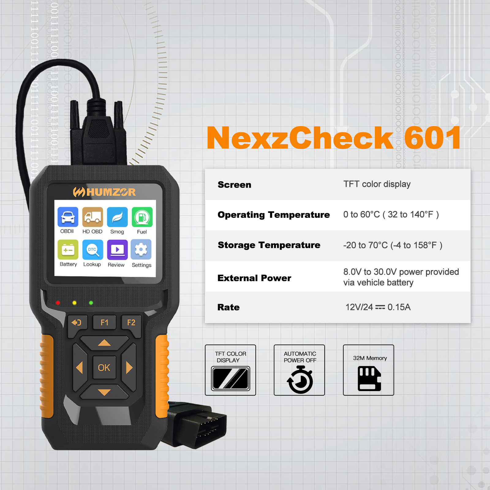 HUMZOR NC601 For 12V 24V Car and Truck OBD2 Reads The Code Card ELM327 Scan Tool Truck Diagnostic Tester