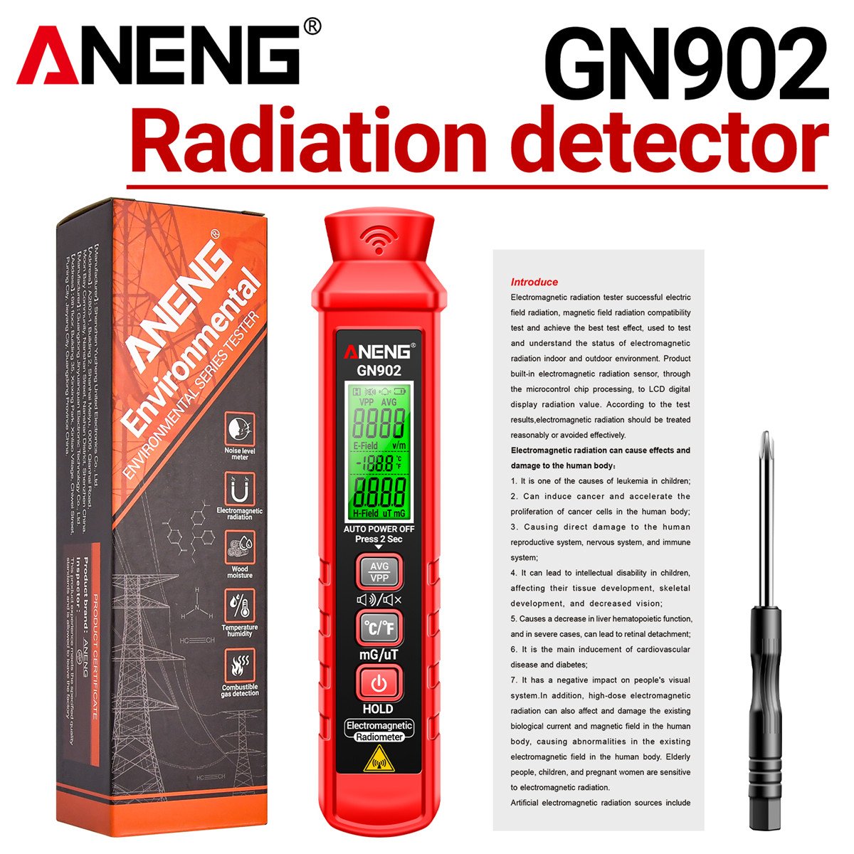 ANENG GN902 Electromagnetic Radiation Detector Portable LCD X Ray Testing Radioactivity Meter Temperature Tester Dosimeter Tools