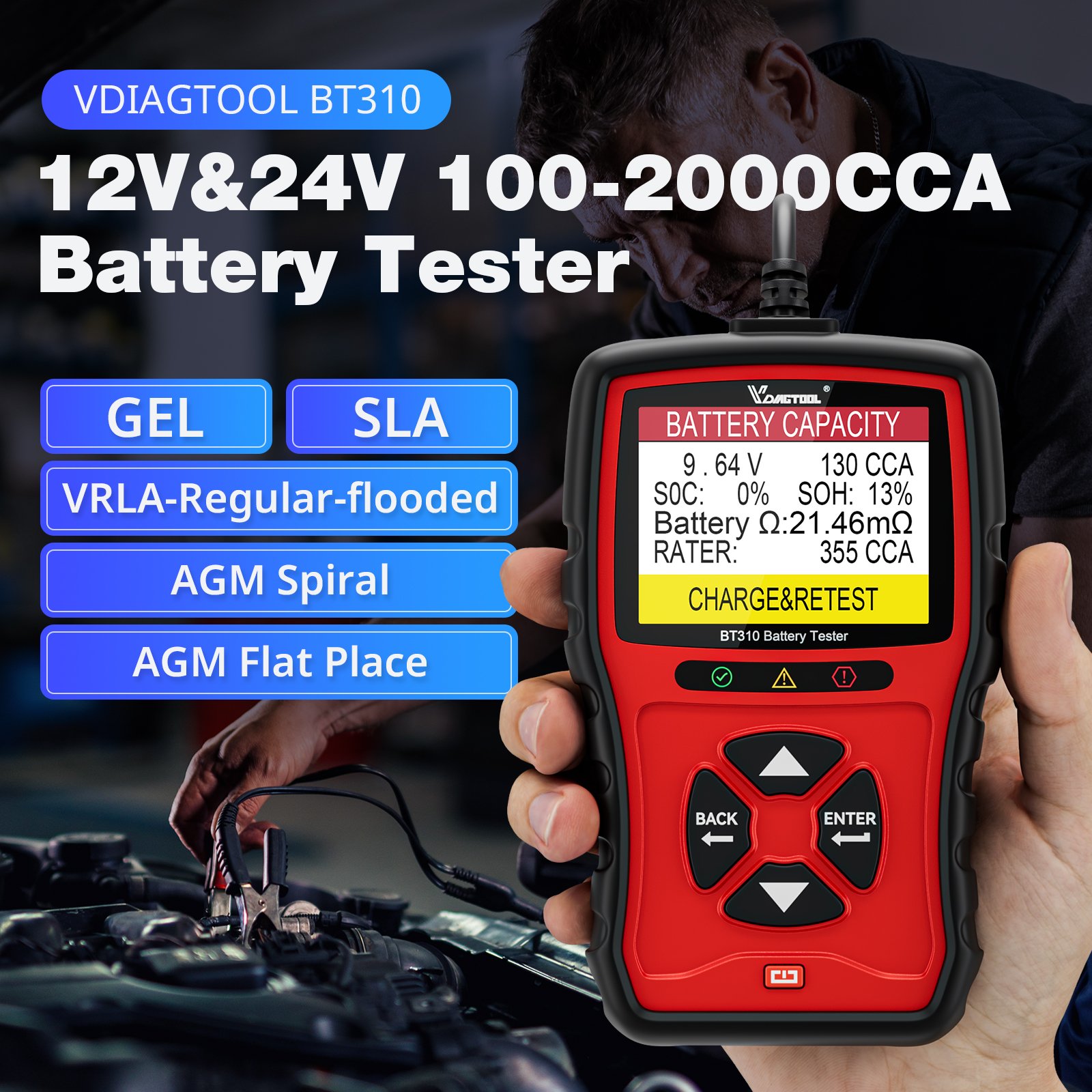 VDIAGTOOL BT310 Battery Tester 12V 24V 100-2000cca Multi Functions Battery Analyzer Cars Battery Capacity Cranking Test BT310