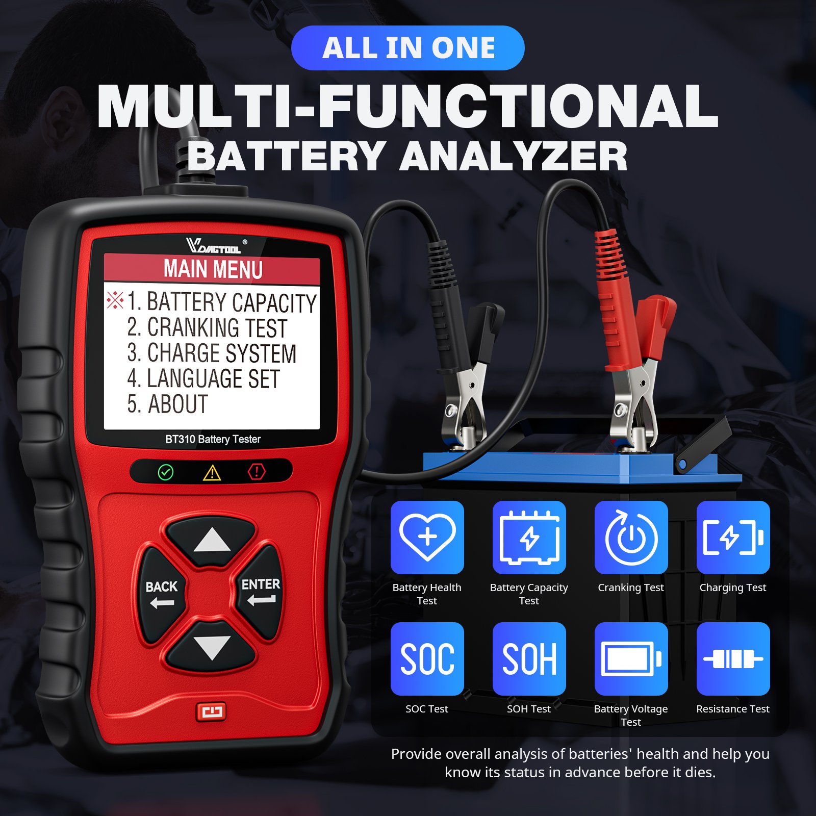 VDIAGTOOL BT310 Battery Tester 12V 24V 100-2000cca Multi Functions Battery Analyzer Cars Battery Capacity Cranking Test BT310