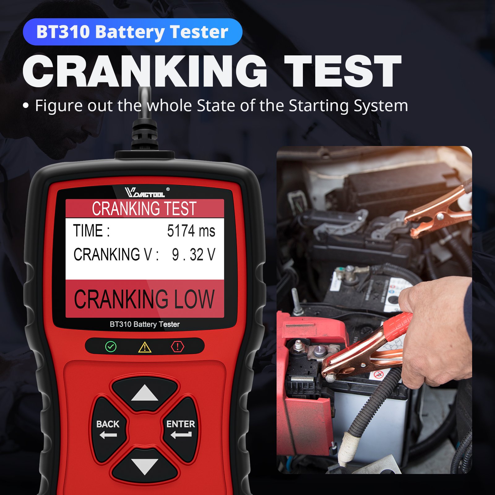 VDIAGTOOL BT310 Battery Tester 12V 24V 100-2000cca Multi Functions Battery Analyzer Cars Battery Capacity Cranking Test BT310