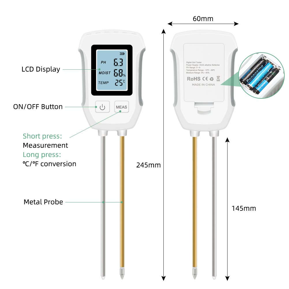 New LED liquid crystal screen digital display dual needle PH humidity temperature 3 in 1 soil tester orchard pot planting tester