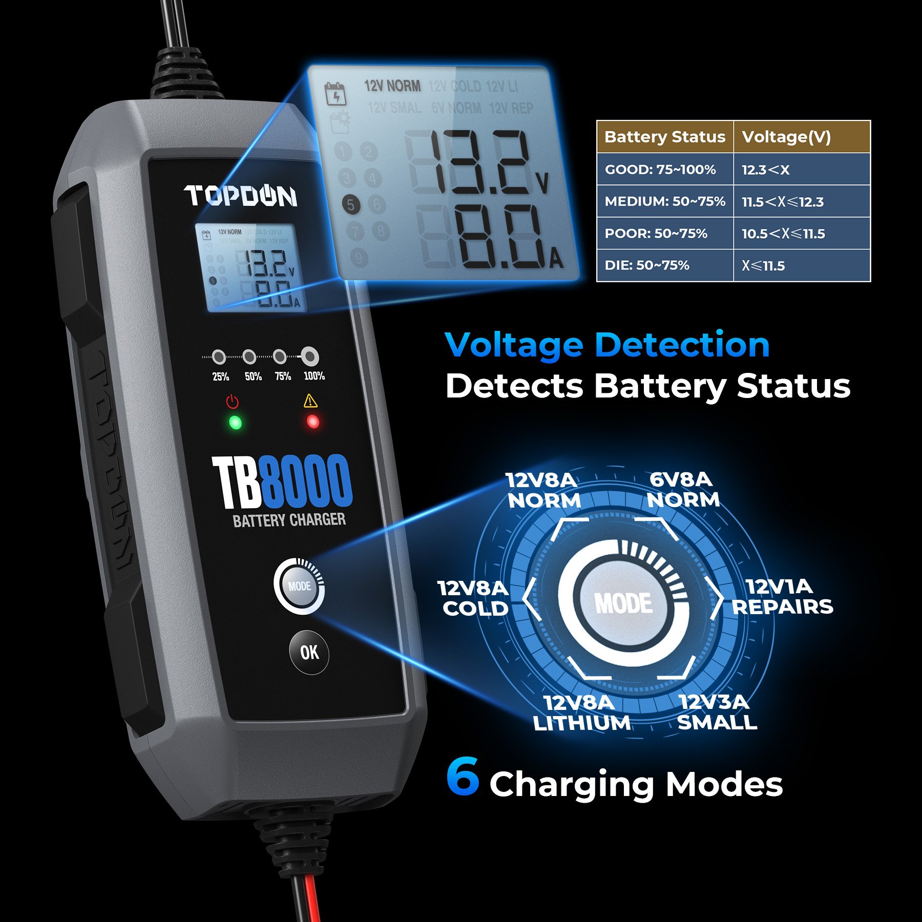 Portable smart TOPDON TB8000 12 v lead acid lithium automotive auto automatic battery charger 12v 24v for car