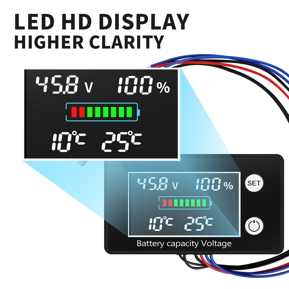 Digital Battery Capacity Voltage Meter DC10V-100V Lead Acid Lithium LiFePO4 Car Motorcycle LED Voltmeter