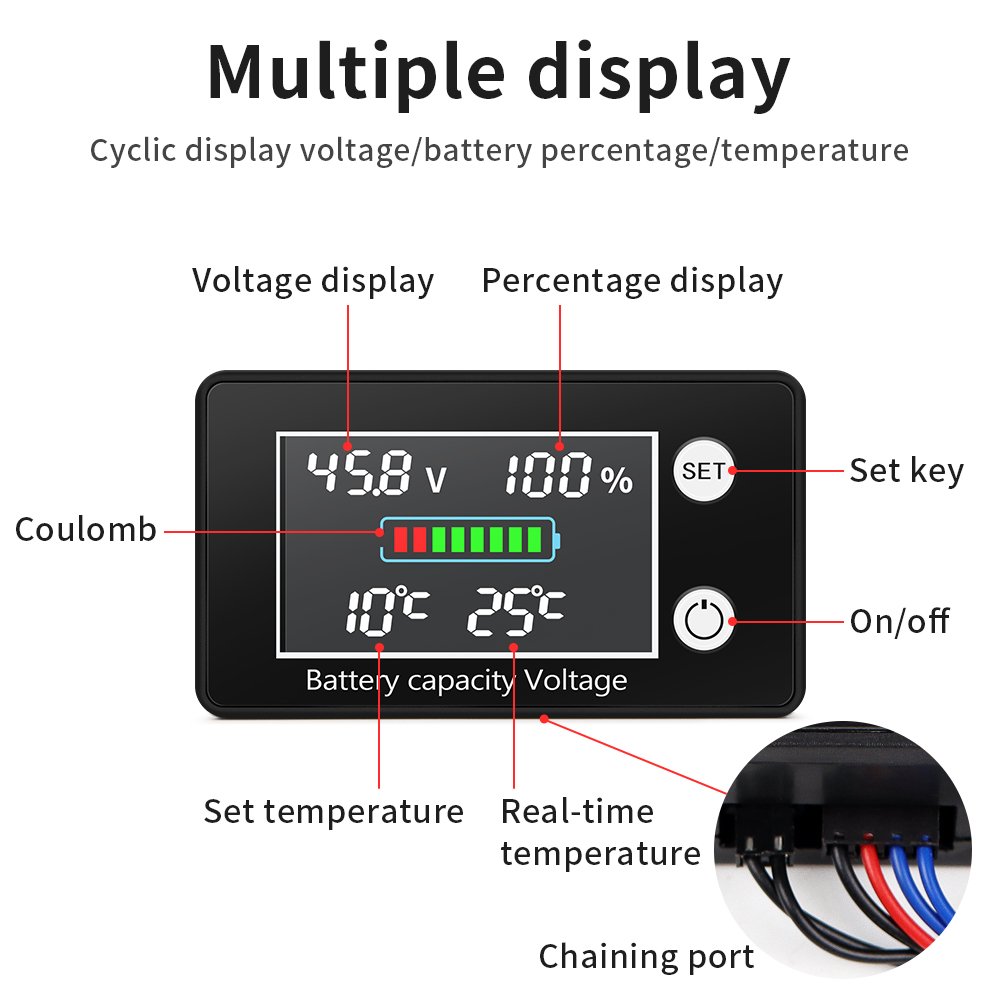 Digital Battery Capacity Voltage Meter DC10V-100V Lead Acid Lithium LiFePO4 Car Motorcycle LED Voltmeter