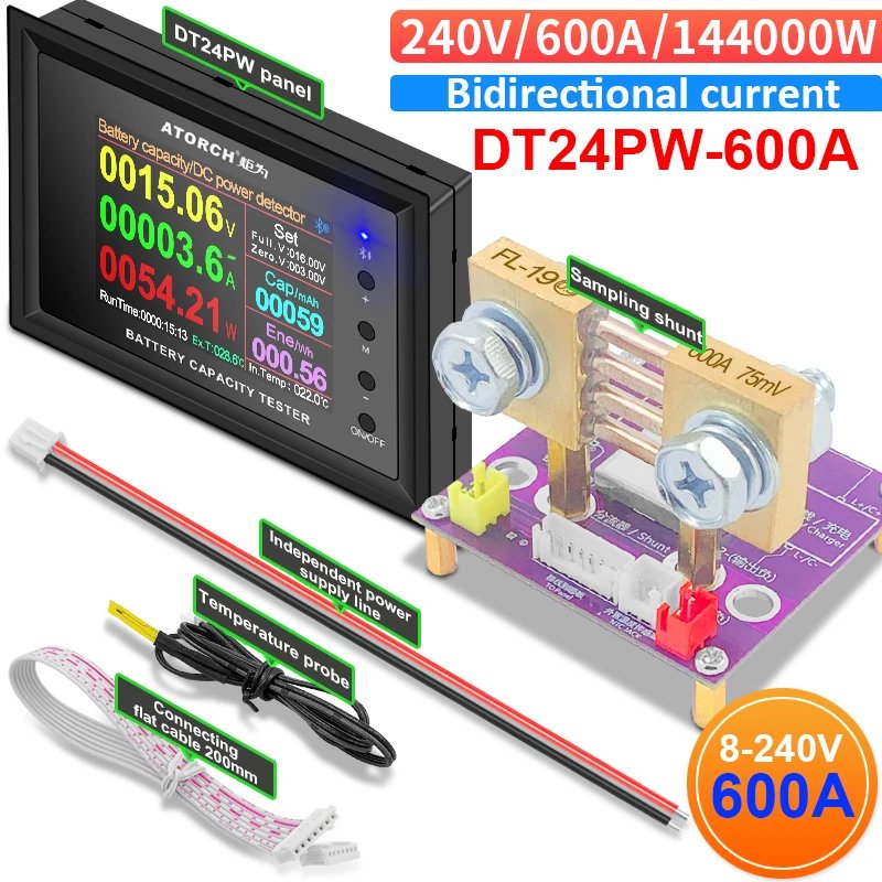 240V/0~1000A DT24PW Digital Display DC Power Supply Voltmeter Ammeter Battery Capacity Tester Battery Fuel Gauge Meter