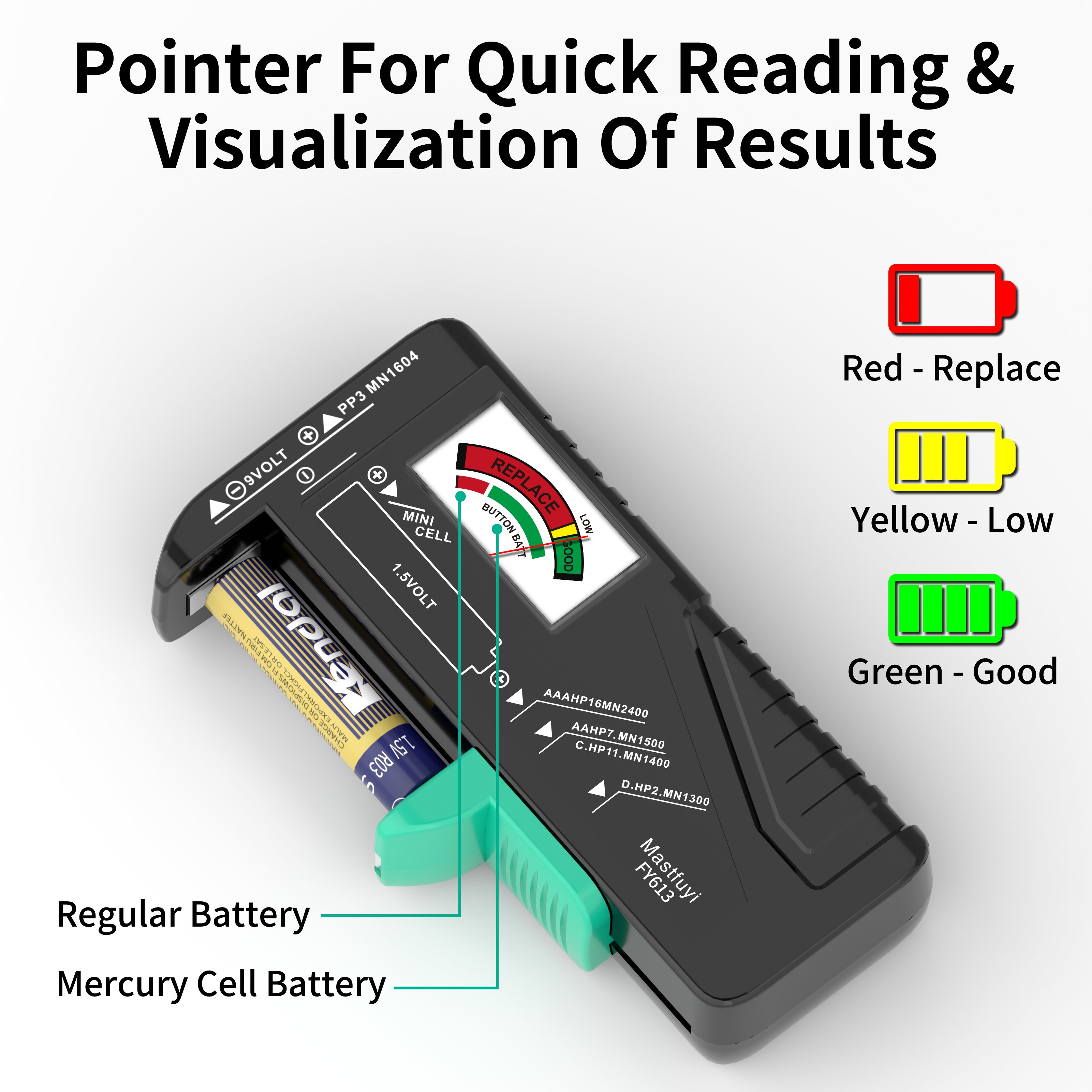 Battery Tester Universal Battery Checker Small Volt Checker for 9V 1.5V AAA AA C D Button Cell Household Batteries