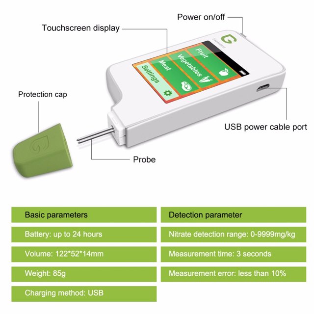 Greentest 2 High Quality Electronic Food Safety Tester for Nitrate Residues in Vegetables Fruits Meat Battery Usage Measurement