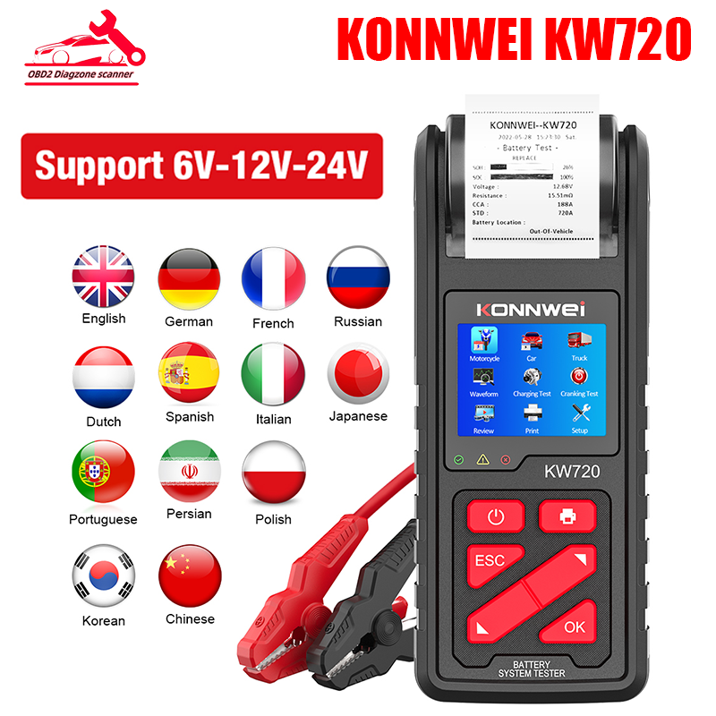 Battery Analyzer KONNWEI KW720 6V/12V/24V Motorcycle Car Truck Battery Tester With Built-in Printer Charging Cranking Test Tools