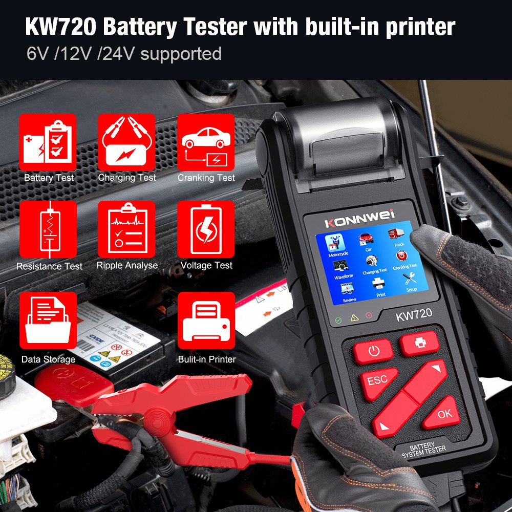 Battery Analyzer KONNWEI KW720 6V/12V/24V Motorcycle Car Truck Battery Tester With Built-in Printer Charging Cranking Test Tools