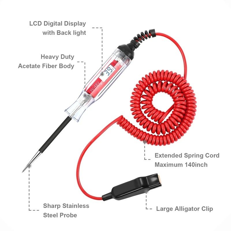 5-48V Digital LCD Display Circuit Tester With Extended Spring Wire,12V Car Truck Vehicles Low Voltage Tester With Voltm