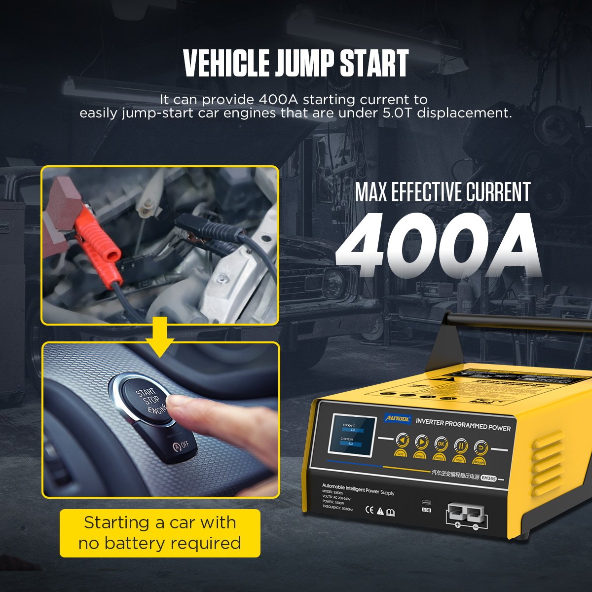 AUTOOL EM365 Portable Jump Starter Inverter Battery Charger Booster Programming Fast Charging DC Power Battery Tester